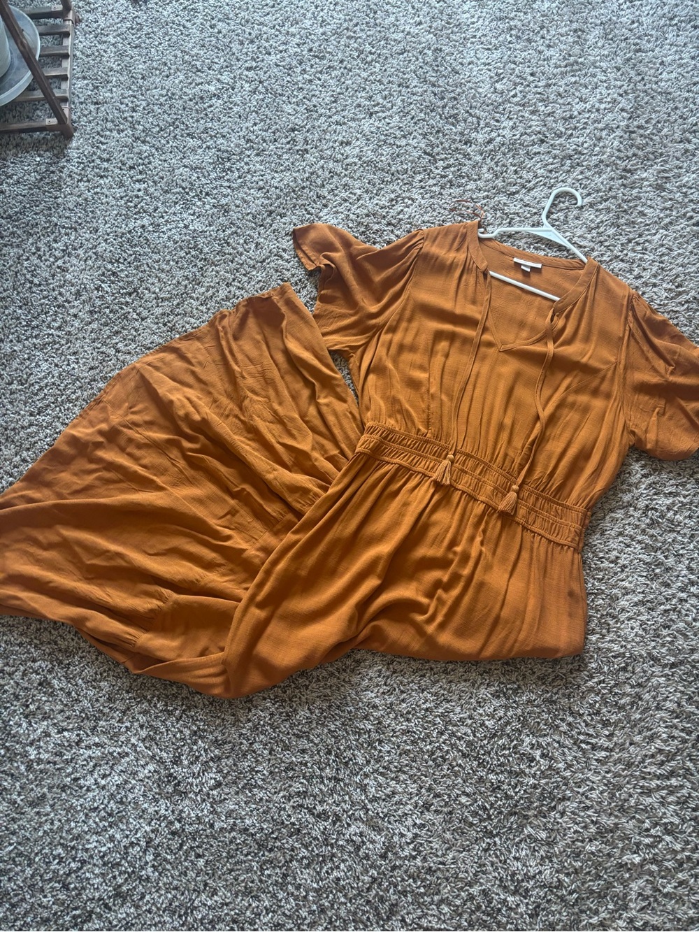 Knox Rose Rust Orange Smocked-Waist V-Neck Dress